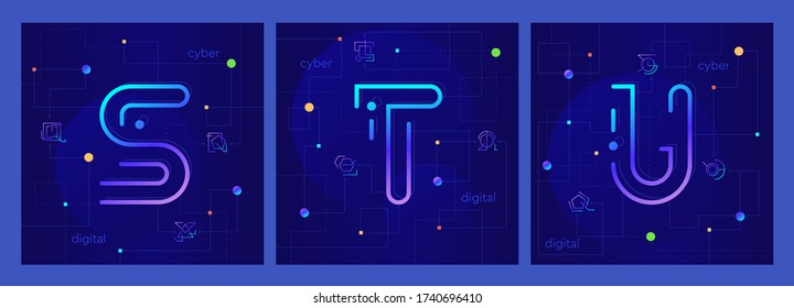 Conjunto de tres ciberletras creativas S, T, U sobre un elegante fondo digital. Alfabeto lineal moderno Techno