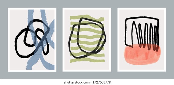 Set of three creative minimalist hand painted illustration for wall decoration, postcard or brochure design. Vector EPS10.