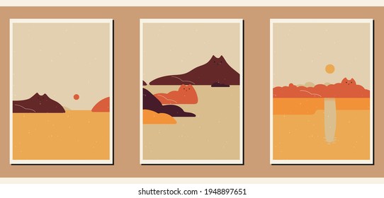 Set of three creative posters. Cute illustrations in frames for decorating the interiors of children, bedrooms, kindergartens. Cartoon colorful minimalist backgrounds with landscape, sun, cats.