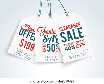 Set of three creative Sale and Discounts Tags or Label design on shiny background.