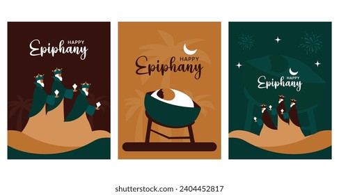 Set of Three Creative Vector Illustration of Christian Festival Happy Epiphany, Día de los Reyes Magos