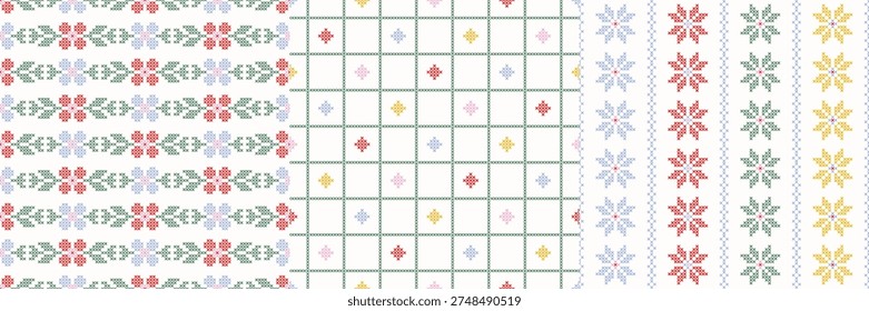Conjunto de tres patrones sin costuras de punto de cruz con rejillas geométricas y coloridos motivos populares. Estética textil hecha a mano ideal para impresiones de tela, Fondo de pantalla, papel de regalo, decoración del hogar.