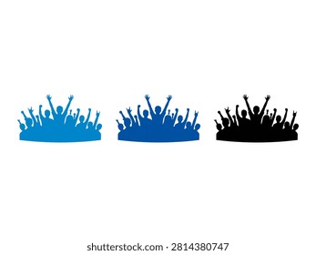 A set of three crowd silhouettes featuring people cheering with their hands raised in the air representing a concert audience or sports fans