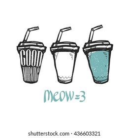  A set of three cups of drinks. Morning illustration. Good morning. Template for t-shirts, cafe , club, or your design.
