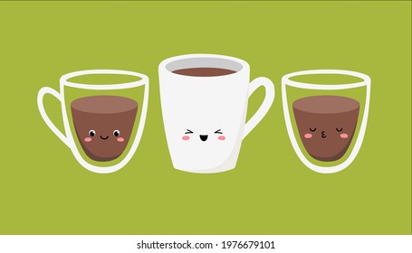 A set of three cups and glasses with hot drinks - tea, coffee, cappuccino, latte. Cute character. Vector illustration. Image of joyful emotions.