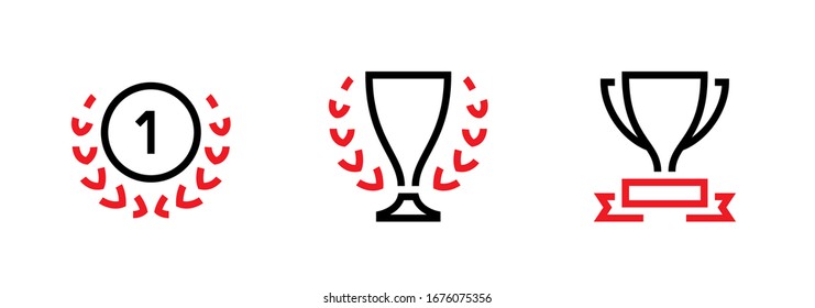 Set of three cups icons. Editable line vector. Medal with the number one and a cup inside the winners wreath and a cup with a red ribbon. Single pictogram.