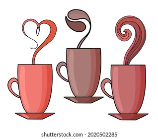 A set of three cups with steam. Coffee or tea cups. Vector illustration