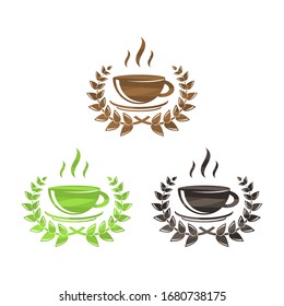 Set of three cups with tea and  coffe isolated on white background
