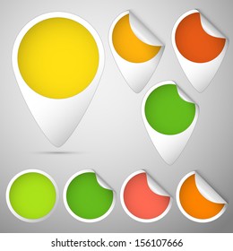 set of three curled tag and circles colored green, yellow, red, orange for autumn