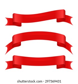 Set of three curved ribbons. Red silk banners