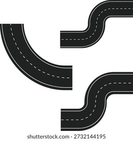 Set of three curved road segments with white dashed lines, perfect for creating winding paths and dynamic driving scenes.