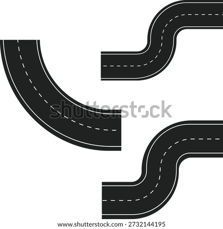 Set of three curved road segments with white dashed lines, perfect for creating winding paths and dynamic driving scenes.