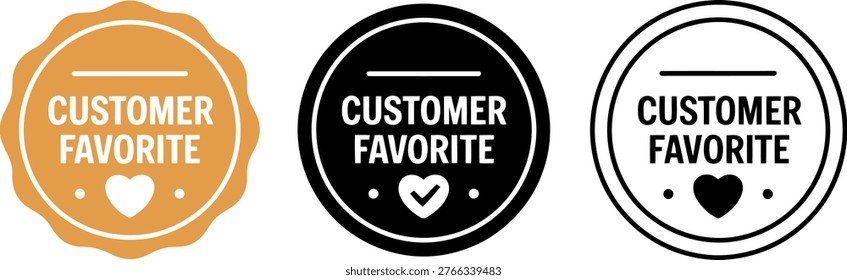Set of three customer favorite badges in black and gold with heart icons and bold text, ideal for business or marketing.