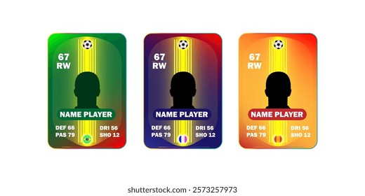 Set of three customizable football player cards with silhouette placeholders, player stats, and national flags. 