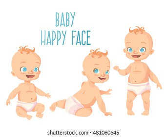 Set of three cute babies with happy smiles. Sitting, crawling and standing poses. Isolated cartoon kids on white background. 