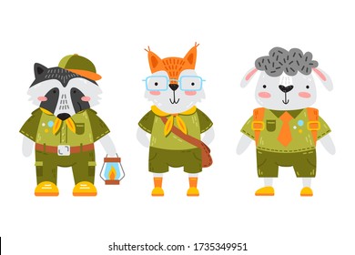 Set of three cute baby animals in scout uniform isolated on white. Cute vector characters. Kids illustration