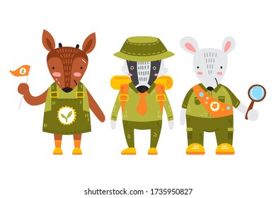 Set of three cute baby animals in scout uniform isolated on white. Cute vector characters. Kids illustration