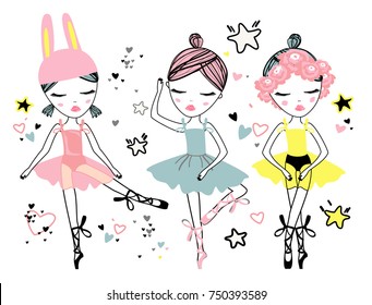 Set of three cute ballerina dancer girl with star and heard symbols for t-shirt print, sticker, flayer, banner and invitation design. Vector illustration.