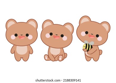 Set of three cute bears in kawaii style. One is standing, the second is sitting, the third is holding a bee. On an isolated white background.