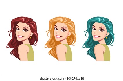 Set of three cute beaufifull young woman smiling  on white background