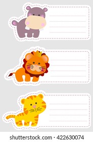 Set of three cute blank card with african animals - lion, hippo and tiger