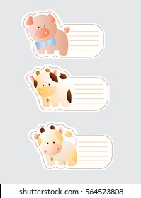 Set of three cute blank card with pig, cow and bull, on a light gray background