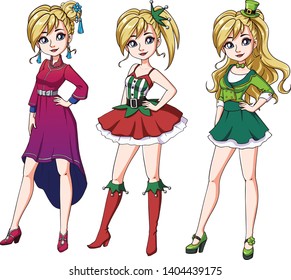 Set of three cute blondie girls with celebration haircuts and clothes. Hand drawn cartoon illustration. Can be used for coloring books, paper dolls, mobile games, study, cards etc.