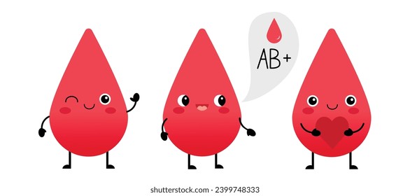 Set with three cute blood drops characters, concept of blood and organ donation. Isolated vector illustration