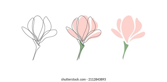Set three Cute blooming magnolia twigs and pastel pink colored abctract petals vector aesthetic contour illustration outline hand drawing For print stickers postcard invitations patterns 