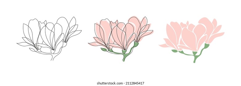 Set three Cute blooming magnolia twig and pastel pink colored abctract petals vector aesthetic contour illustration outline hand drawing For print stickers postcard invitations patterns 