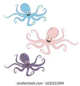 Set of three cute blue, purple and violet vector octopuses with water bubbles. Doodle style. Marine set. illustration for zoo announcement, nature concept, children's book illustration