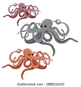 Set of three cute blue, purple and violet vector octopuses with water bubbles. Doodle style. Marine set. illustration for zoo announcement, nature concept, children s book illustration