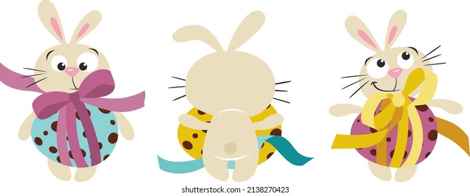 Set of three cute bunnies with easter eggs

