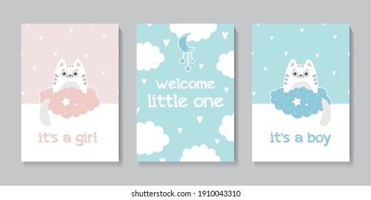 A set of three cute cards. Baby shower. Poster with cat on the cloud. This is a girl, this is a boy. Newborn.