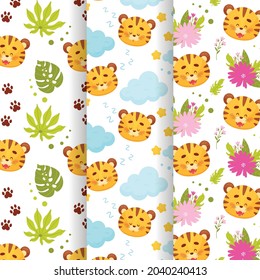 Set of three cute cartoon baby tiger pups seamless patterns. Vector illustration 