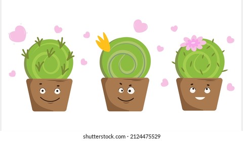 Set of three cute cartoon cacti with funny faces in pots.Vector isolated illustration in modern trendy flat style. Tropical card template for postcards, invitations or as a sticker.