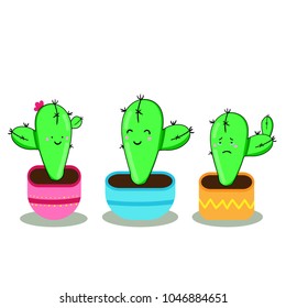 set of three cute cartoon cactus with funny faces in pots