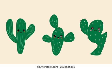 Set of three Cute cartoon cactus with kawaii eyes. Vector in cartoon style All elements are isolated