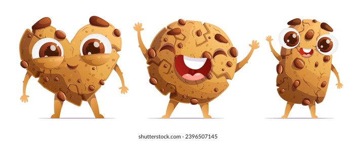 A set of three cute cartoon chocolate cookies. Emotional characters, detailed traditional chocolate chip cookies, showing cuteness, joy and greeting.