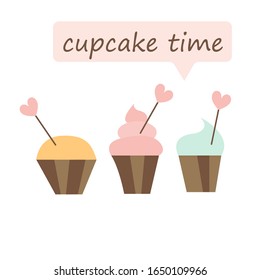 set of three cute cartoon cupcake on white background with cupcake text message. can be used for greeting cards, party invitations, stickers