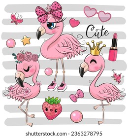 Set of three cute cartoon flamingos on a striped background