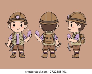 A set of three cute cartoon geologist characters in different poses, holding crystals and tools.