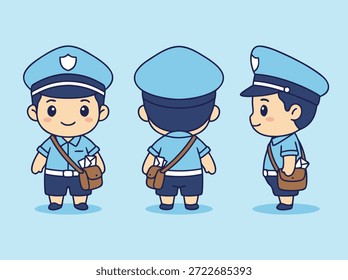 Un conjunto de tres lindos personajes de caricaturas de cartero que muestran vistas frontales, traseras y laterales, perfectas para ilustraciones y diseños.