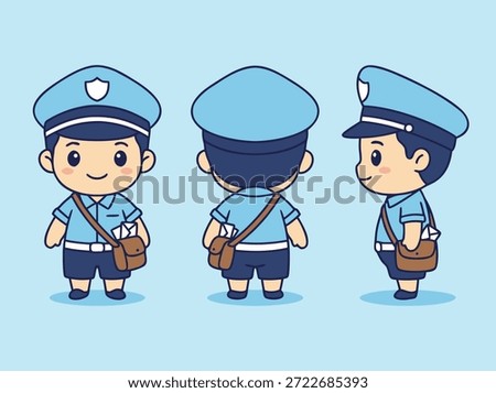 A set of three cute cartoon postman characters showing front, back, and side views, perfect for illustrations and designs.