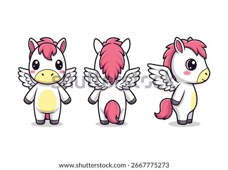 A set of three cute cartoon unicorns or pegasus characters. These adorable winged horses are shown from the front, back, and side, featuring pink manes and tails. Vector Illustration
