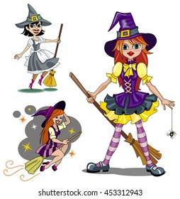 Set of three cute cartoon witches. Vector clip art.