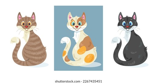 Set of three cute cats of different colors. Brown striped, white with spots and black. In cartoon style. Isolated on white background. Vector flat illustration