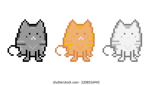 Set of three cute cats in pixel art, perfect for presentations, stickers, icons, textile t-shirt printing pattern. Isolated vector illustration.