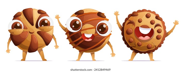 A set of three cute characters in the form of traditional cookies. Little happy shortbread cookies with chocolate chips. Dynamic poses, colorful detailed Cartoon style vector.