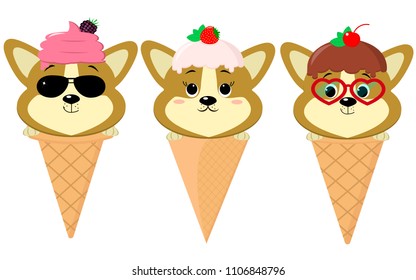 A set of three cute Corgi puppies in the form of ice cream. Sits in a waffle cone on his head glaze and ice cream with a berry, in the style of a cartoon. Flat, vector.
